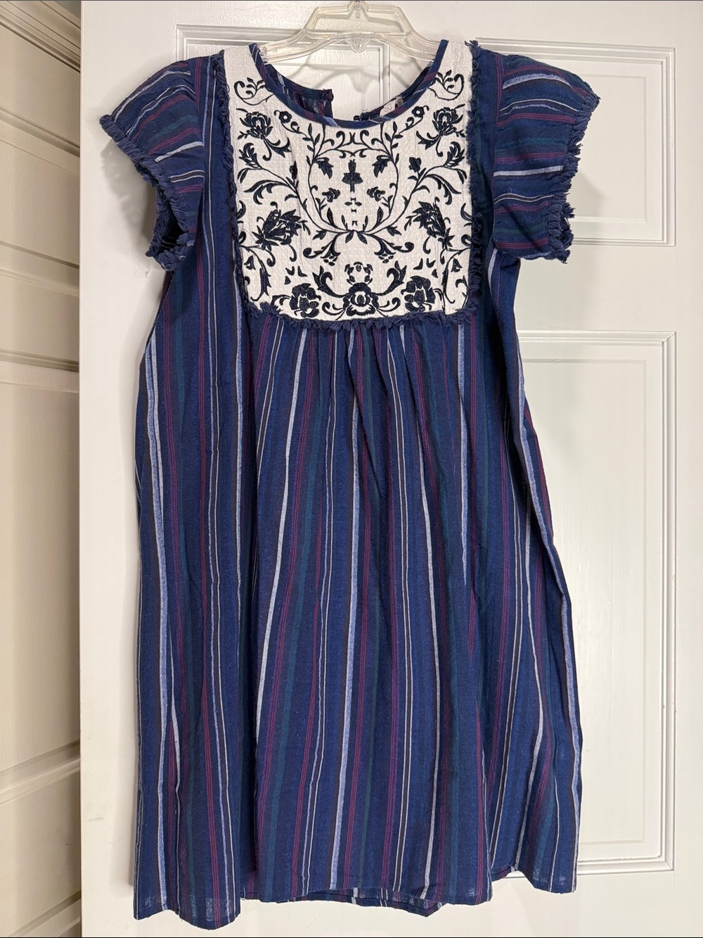 Striped Navy Embroidered Yoke Casual Dress